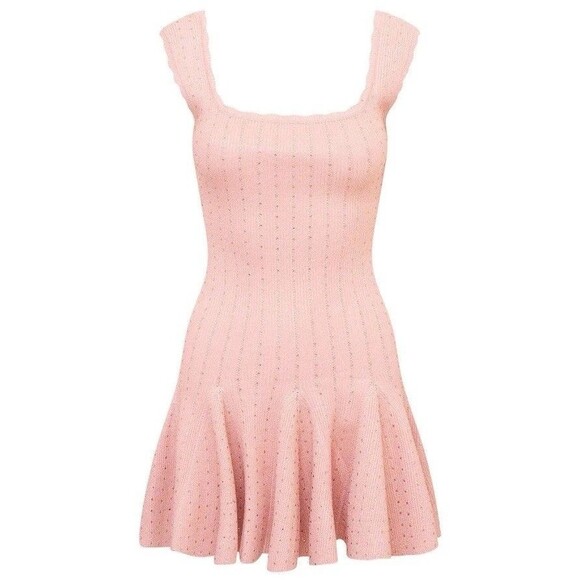 LoveShackFancy Metallic Godet Mini Dress Pink Crystal Knit Womens Size Small New - Picture 2 of 10